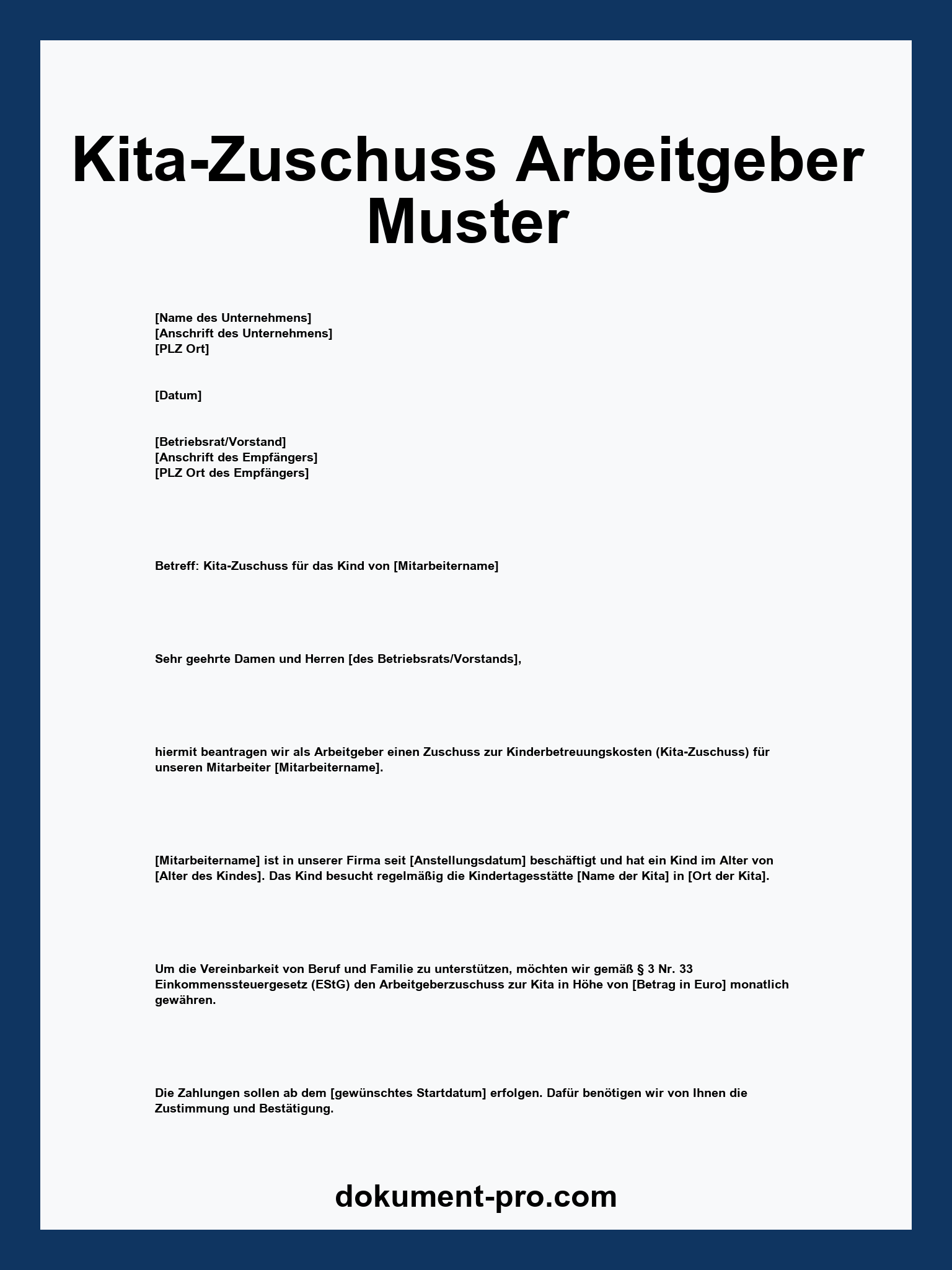 Kita-Zuschuss Arbeitgeber Muster