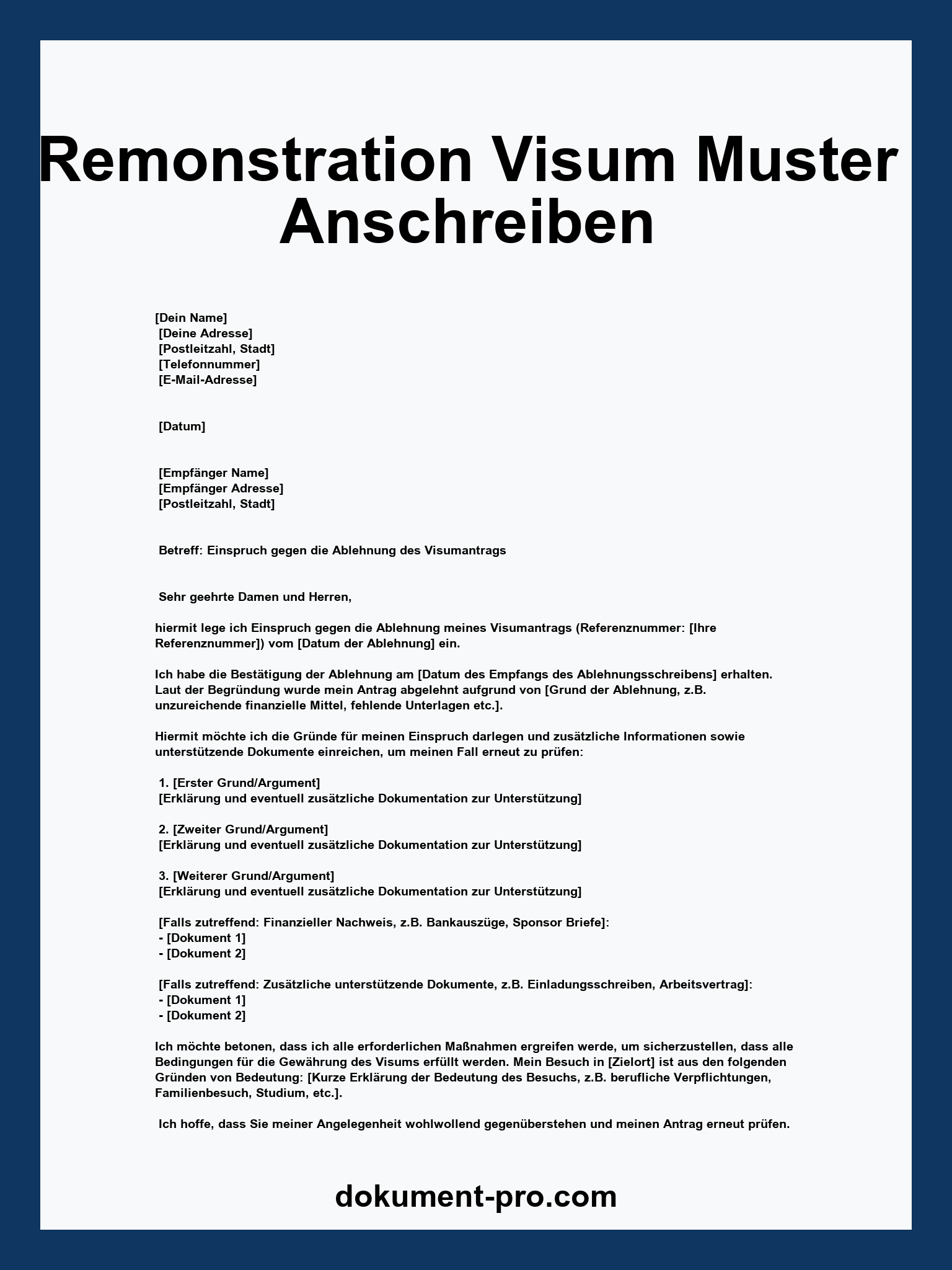 Remonstration Visum Muster Anschreiben