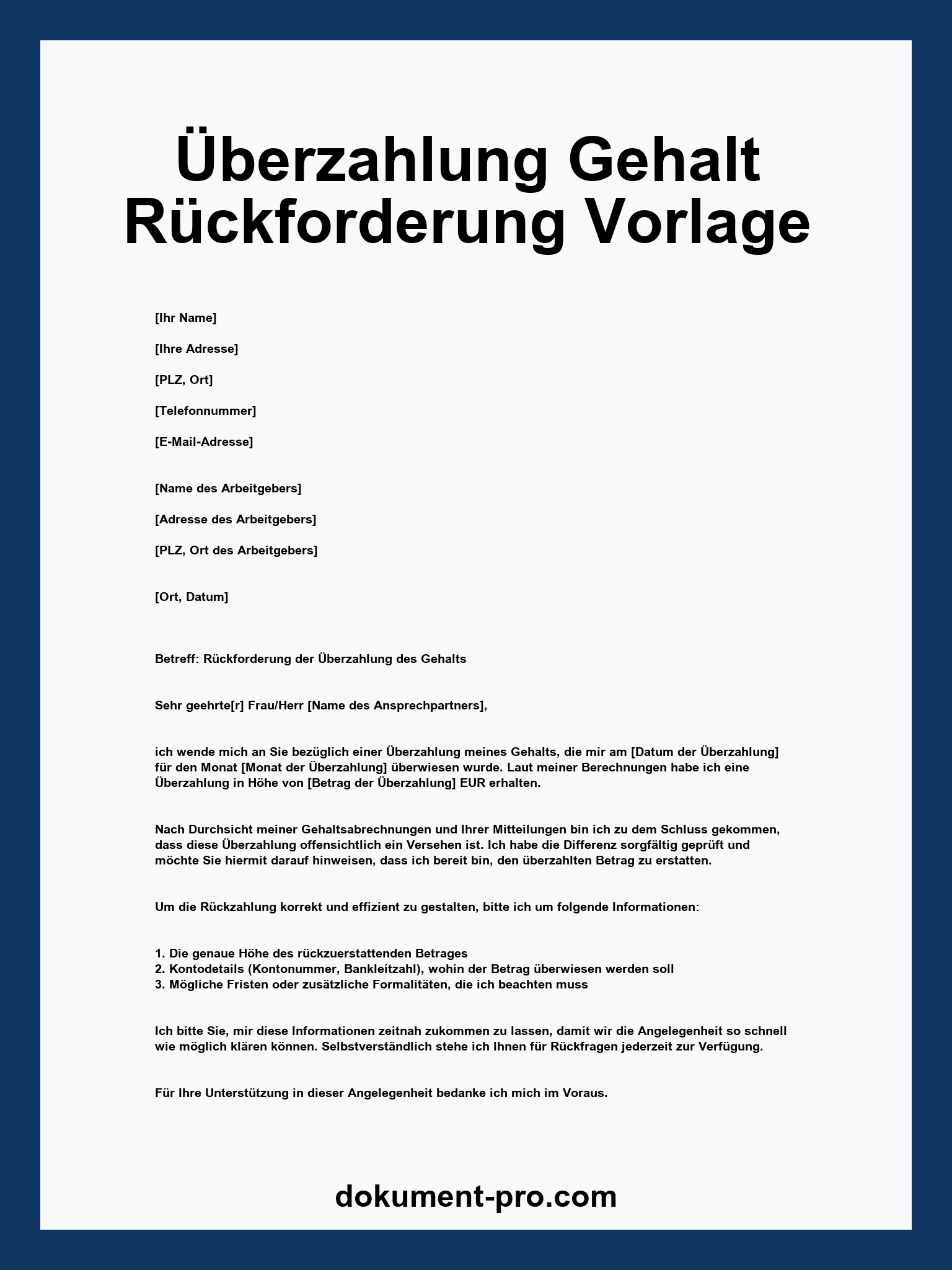 Überzahlung Gehalt Rückforderung Vorlage