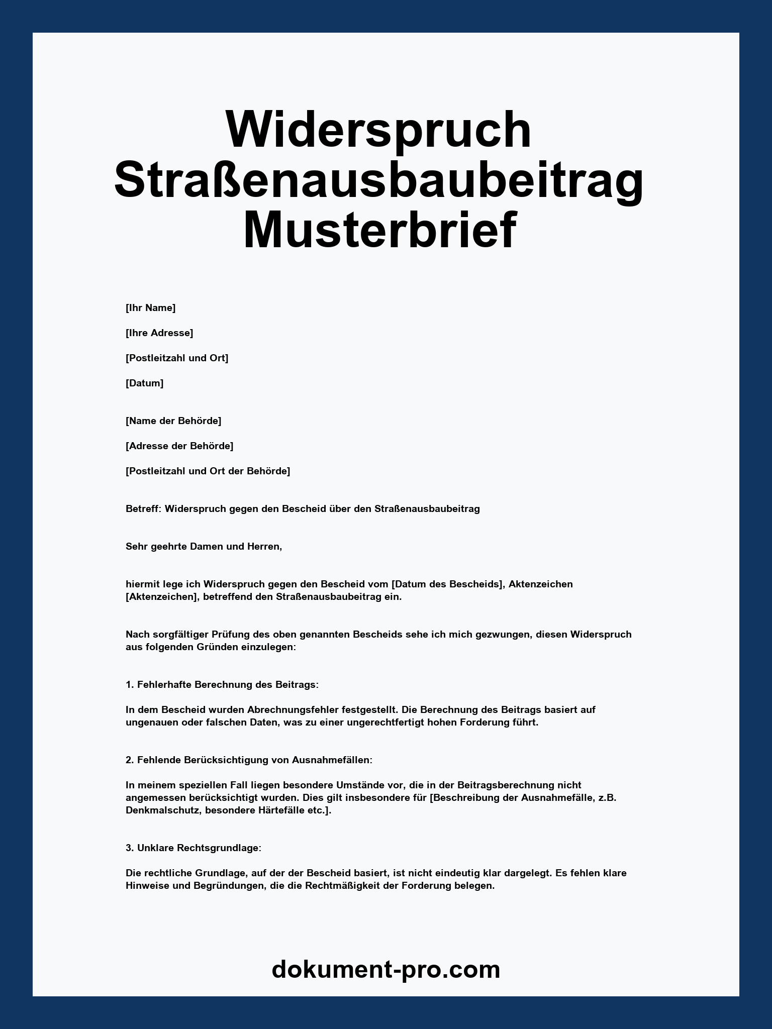 Widerspruch Straßenausbaubeitrag Musterbrief